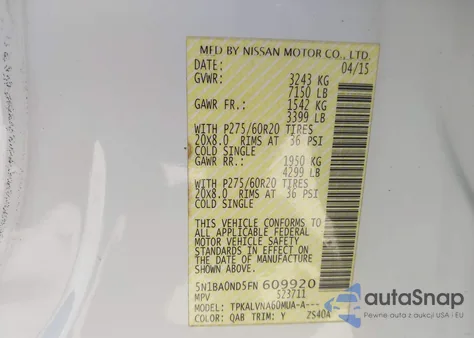 2015 Nissan Armada Sl из США, поврежденный, VIN 5N1BA0ND5FN609920